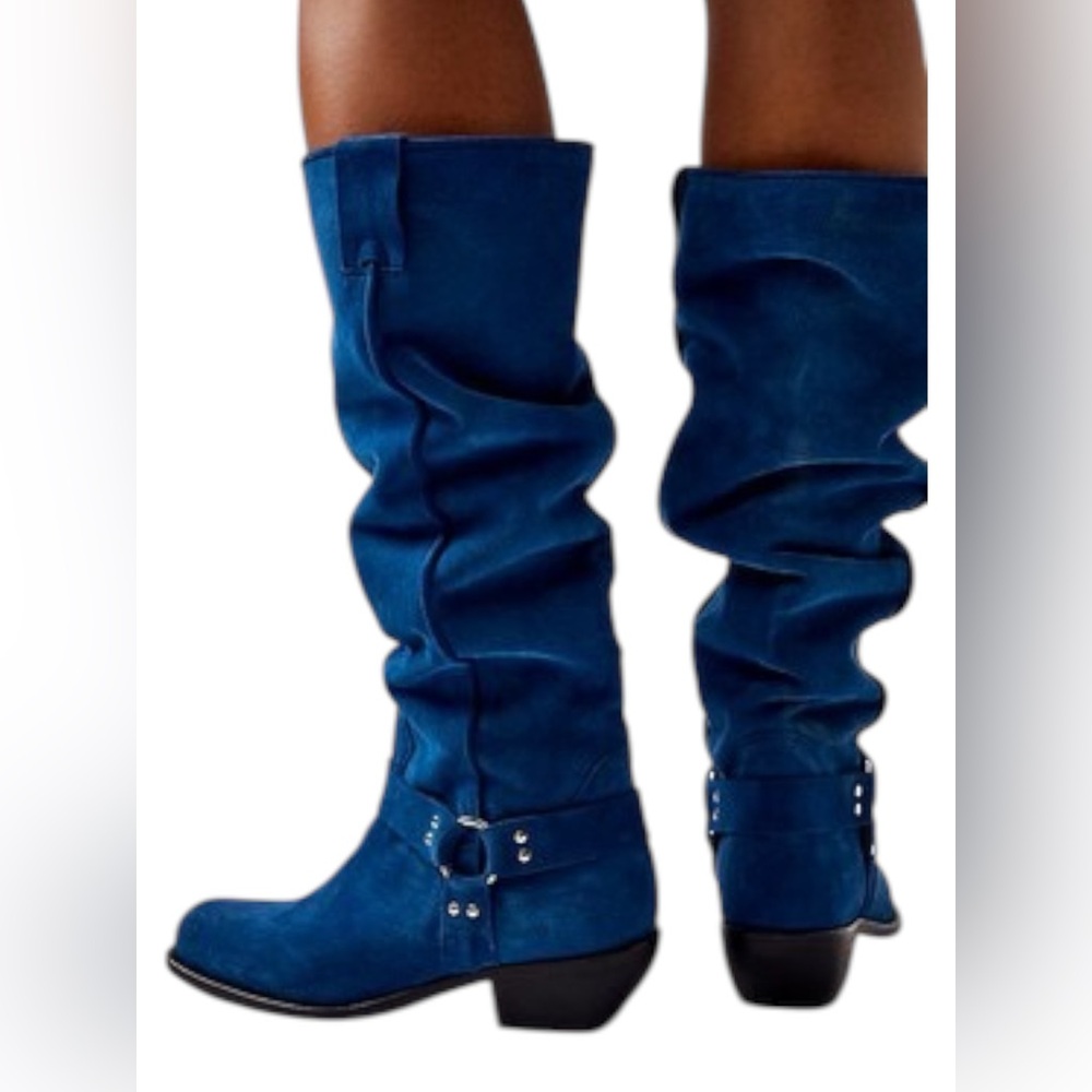🆕 FREE PEOPLE | LOCKHART SUEDE LEATHER HARNESS BOOTS | BLUE | SIZE: 6.5
